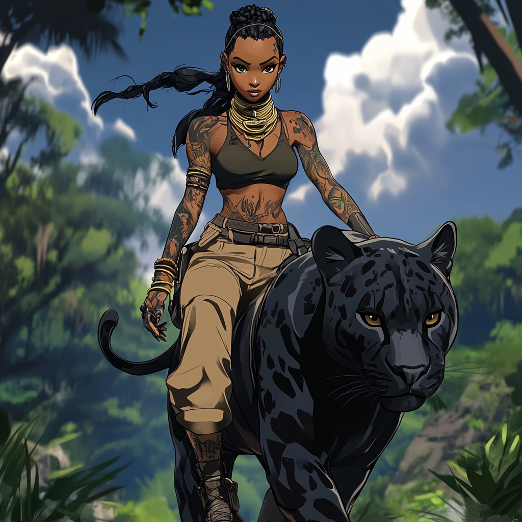 Beautiful African woman with tattoos riding black panther