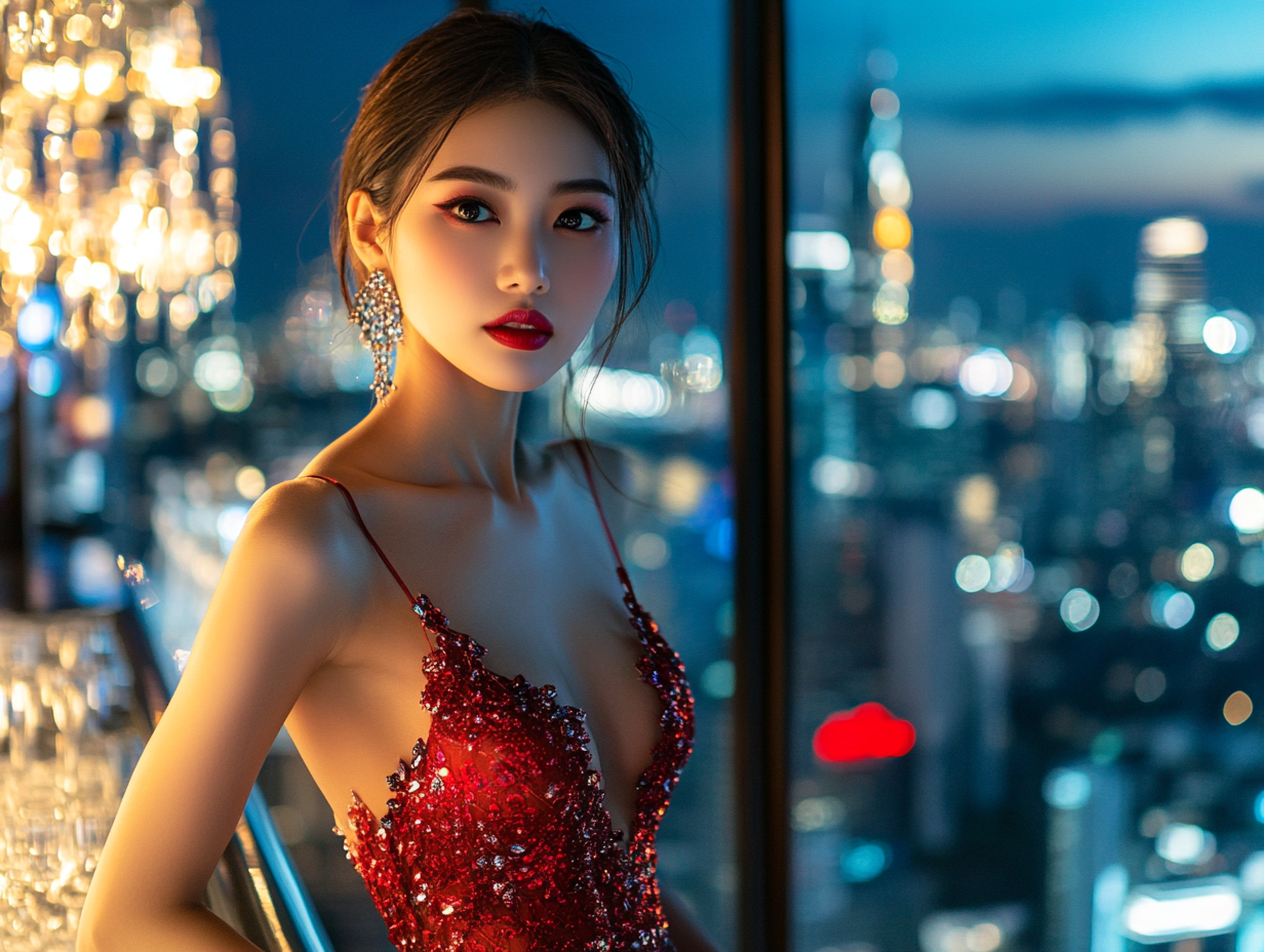 Beautiful Asian girl in cocktail dress at sky bar.