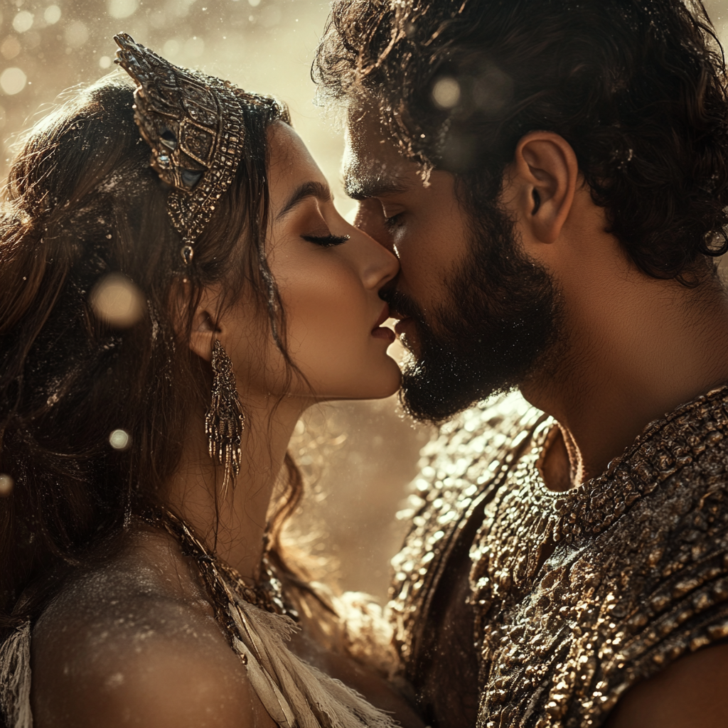 Beautiful Aztec queen kissing strong Persian king. Ethereal.