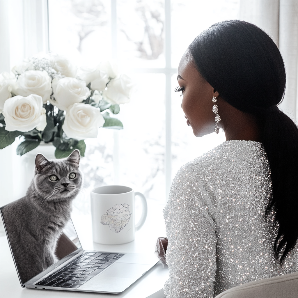 Beautiful Black Woman With Laptop and Coffee Mug in Home Office