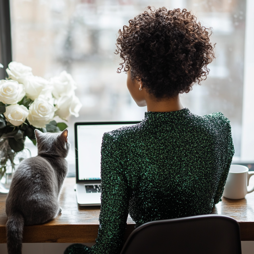 Beautiful Black Woman Working in Cozy Home Office