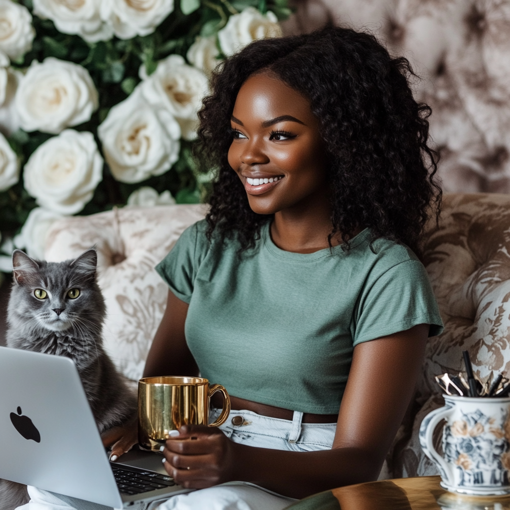 Beautiful Black Woman in Home Office with Cat