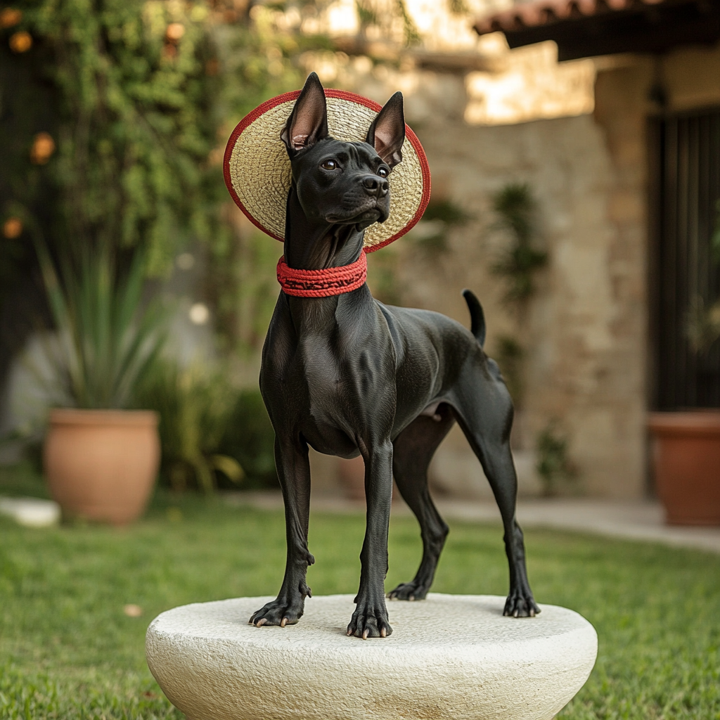 Beautiful Black Xoloitzcuintle in Mexican Garden with Hat