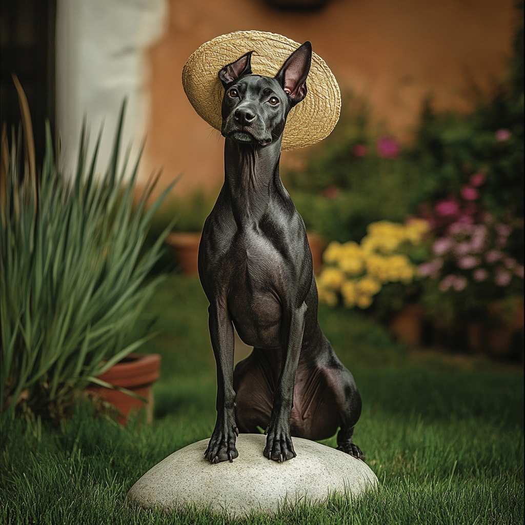 Beautiful Black Xoloitzcuintle in Mexican Hat Outdoors