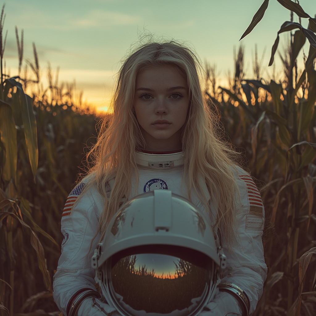 Beautiful Blonde Woman in Astronaut's Uniform at Sunset