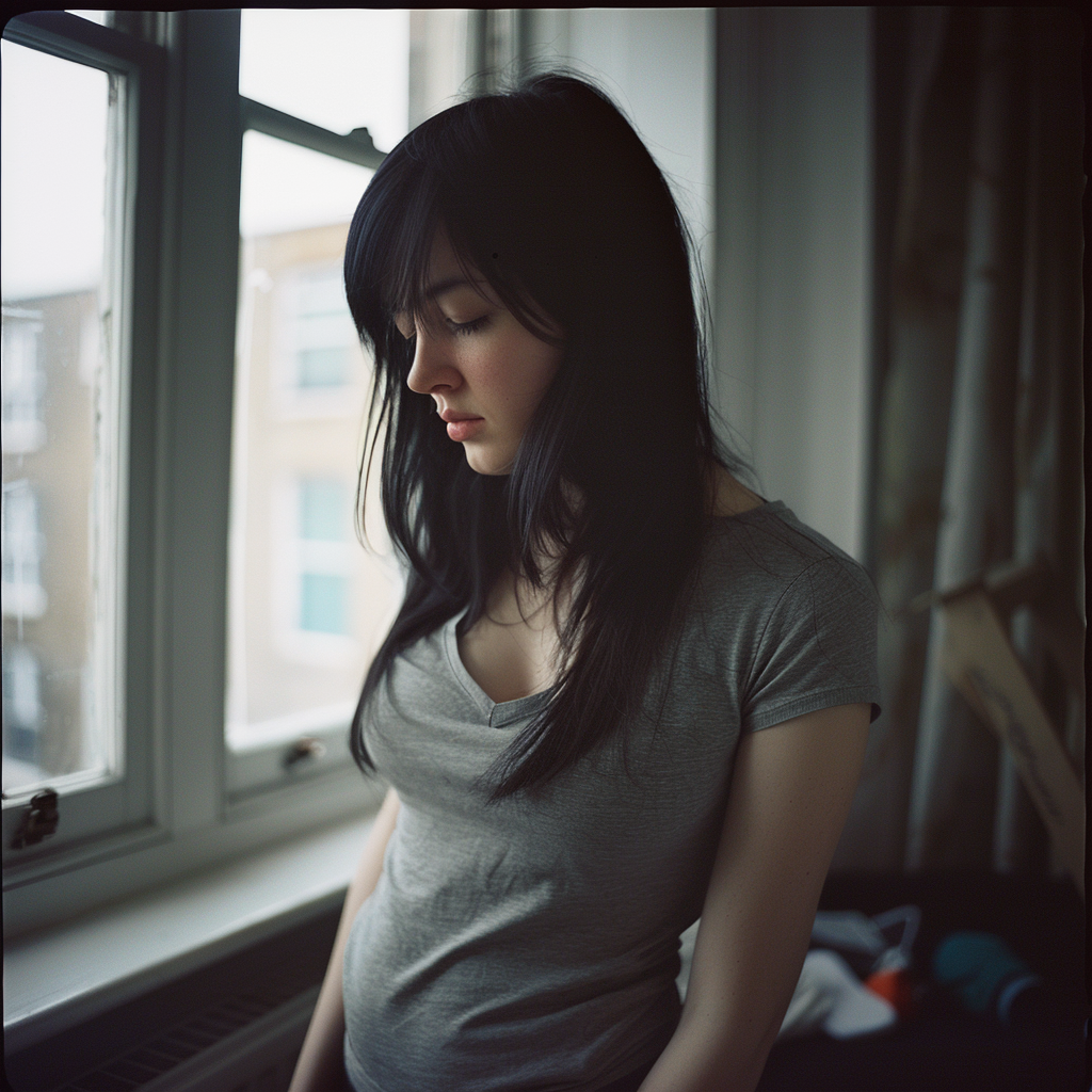 Beautiful British model in grey tshirt in loft apartment.