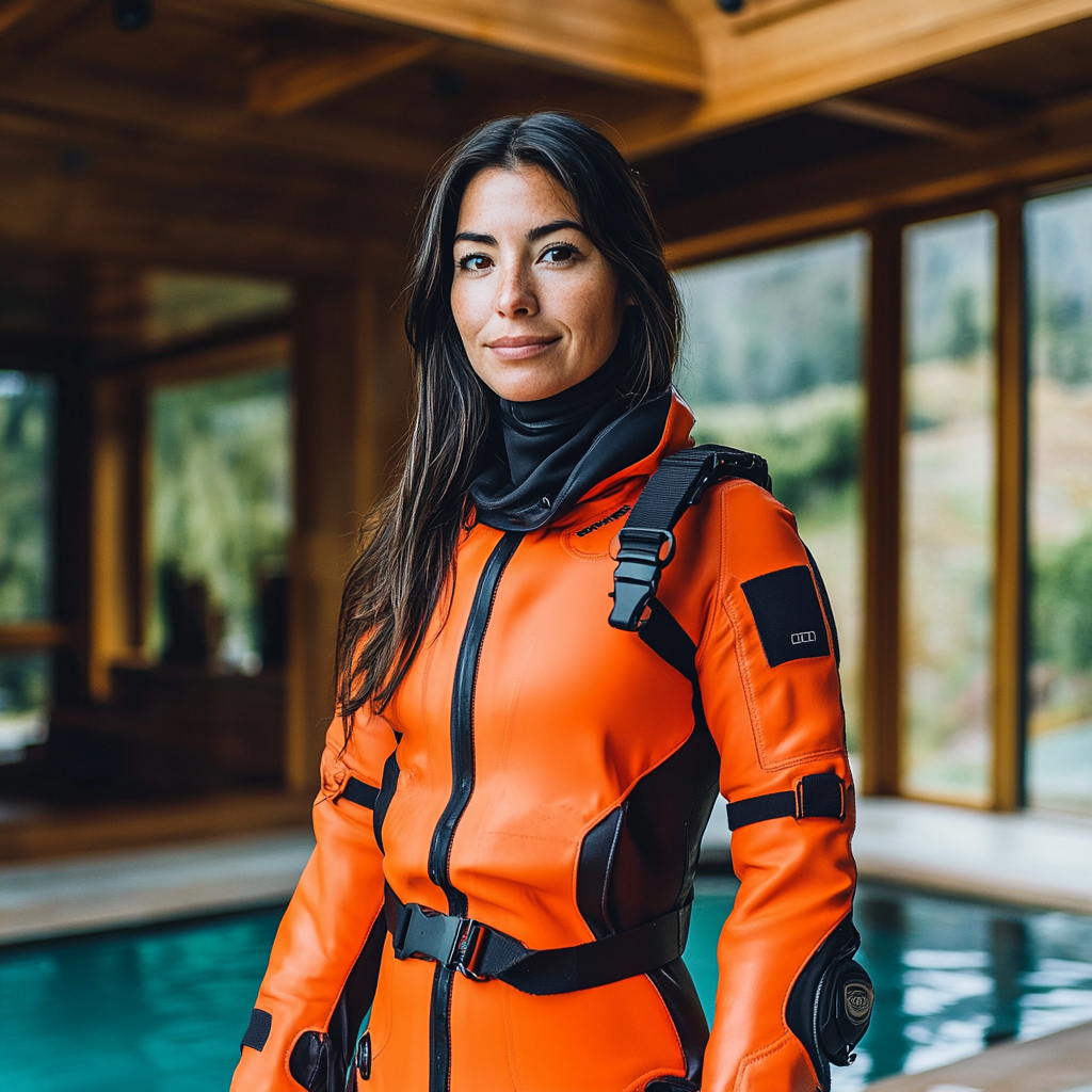 Beautiful Chilean woman in orange drysuit by scuba gear.