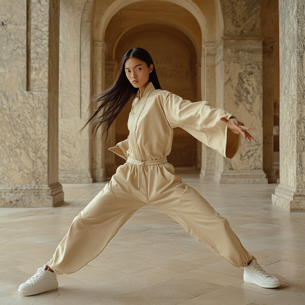 Beautiful Chinese woman in beige Hermes jumpsuit dueling opponent.