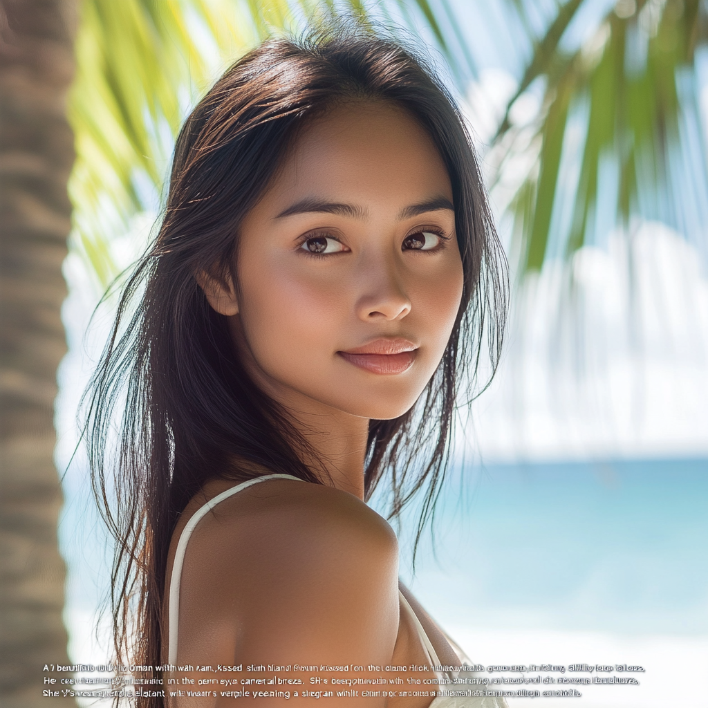 Beautiful Filipino Woman in Elegant White Sundress on Beach