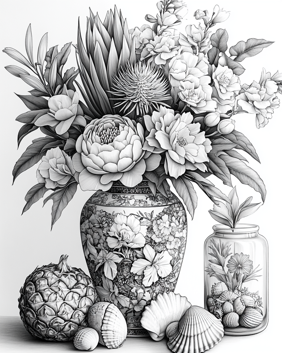 Beautiful Hawaiian Flower Arrangement in Black and White