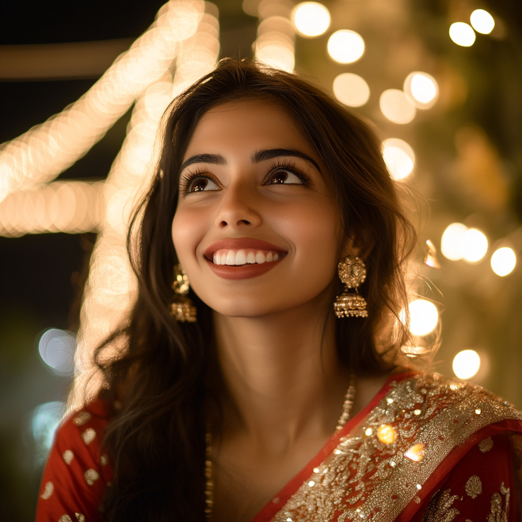 Beautiful Indian Model in Traditional Diwali Clothes Smiling 