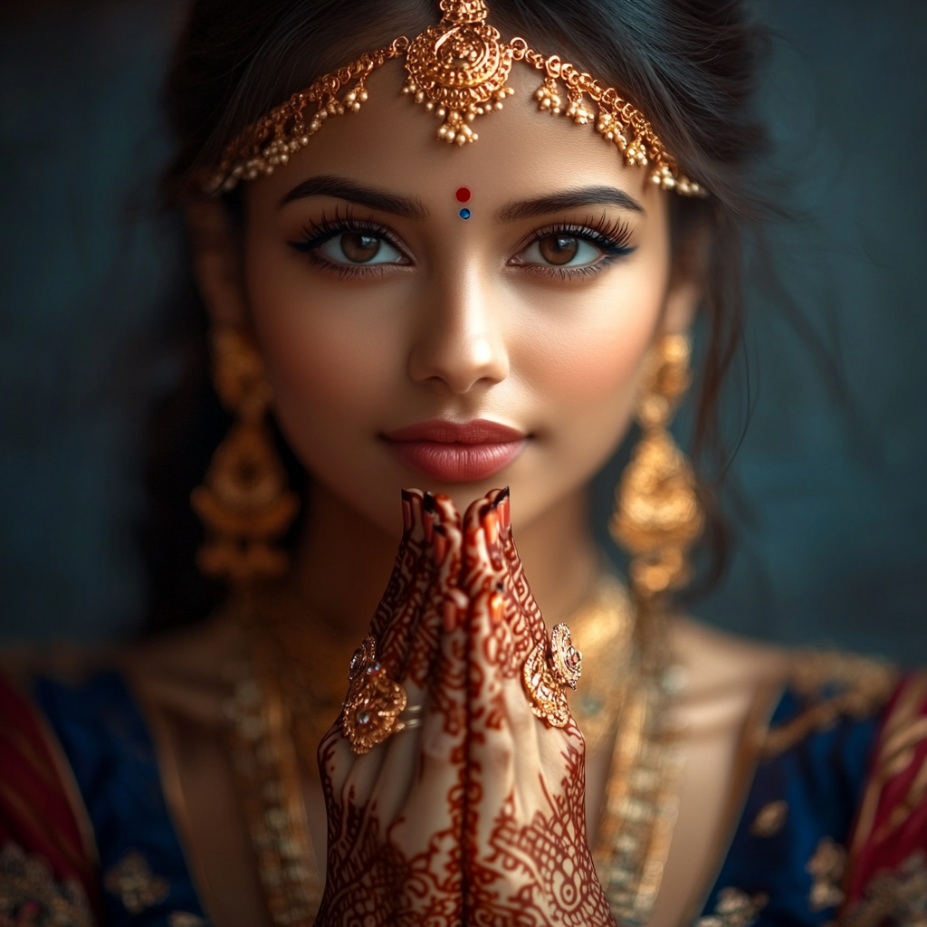 Beautiful Indian girl in Namaste pose, traditional attire