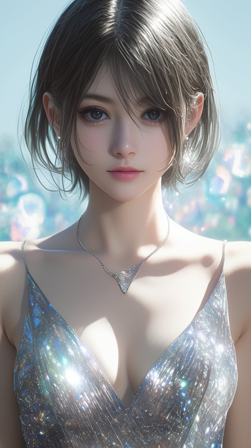 Beautiful Japanese girl in light metal dress anime style.