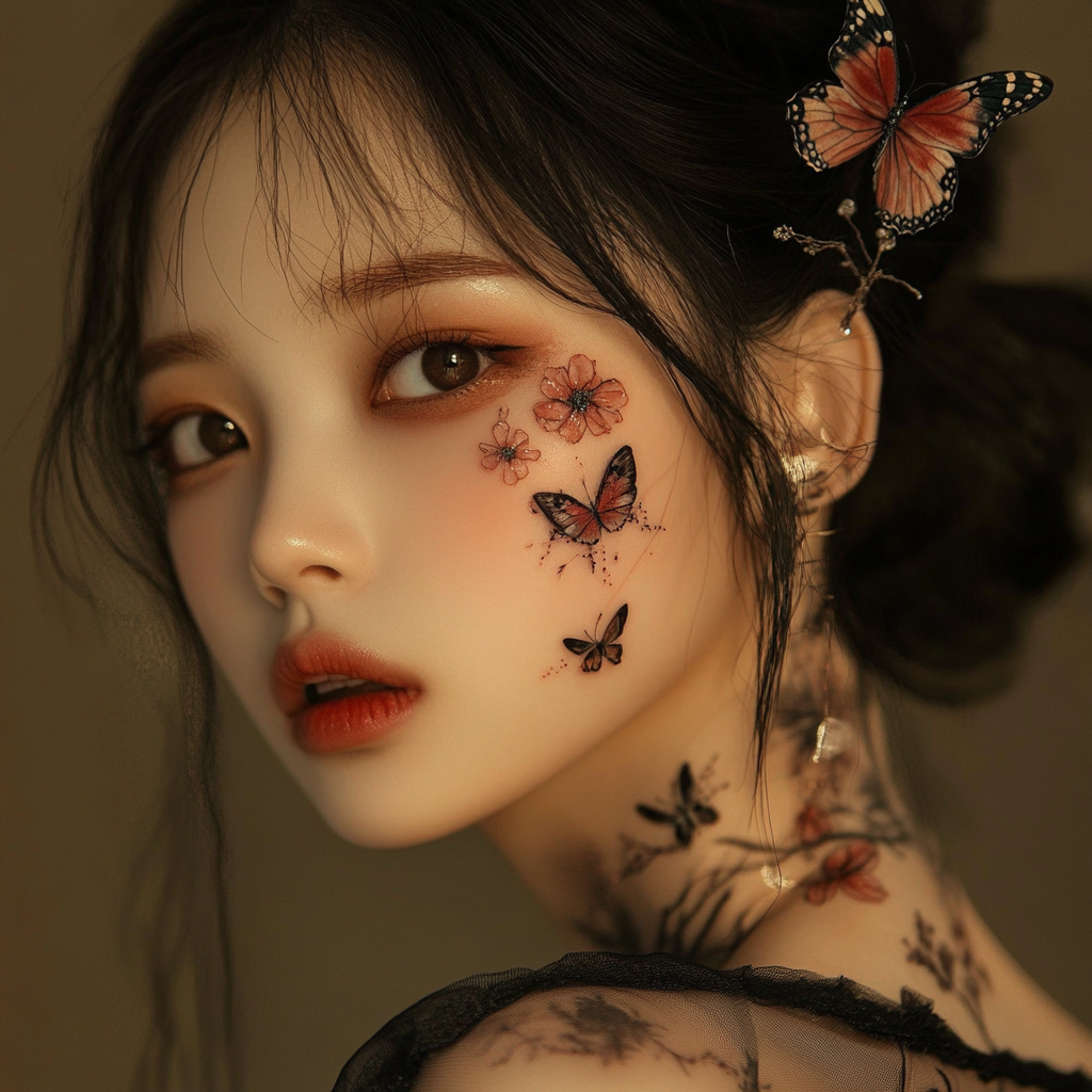 Beautiful Korean Girl with Winter Tattoo and Butterfly