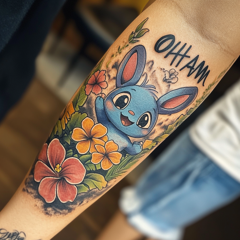 Beautiful Lilo and Stitch Hawaiian tattoo symbolizing family love.