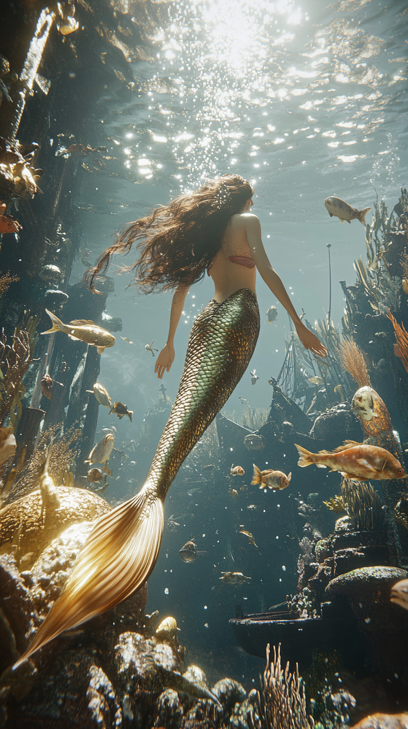 Beautiful Mermaid Swimming with Fish at Bottom of Sea