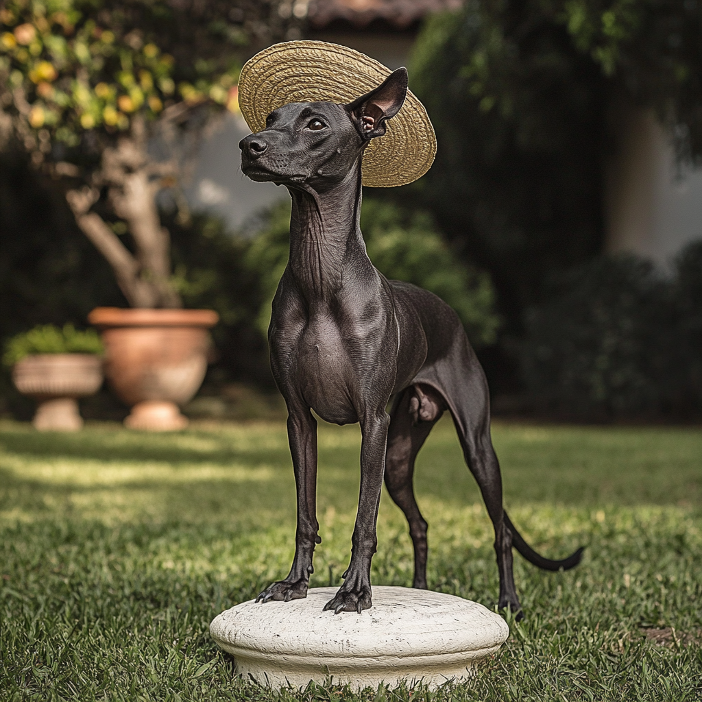 Beautiful Mexican Xoloitzcuintle in Sombrero on Stone 