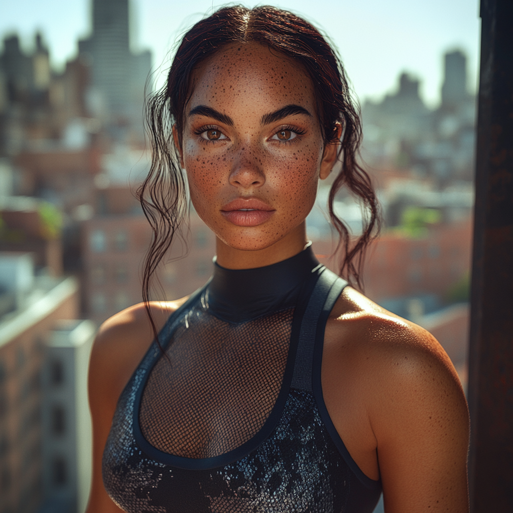 Beautiful Multiracial Woman Modeling Athleisure Outfit in City