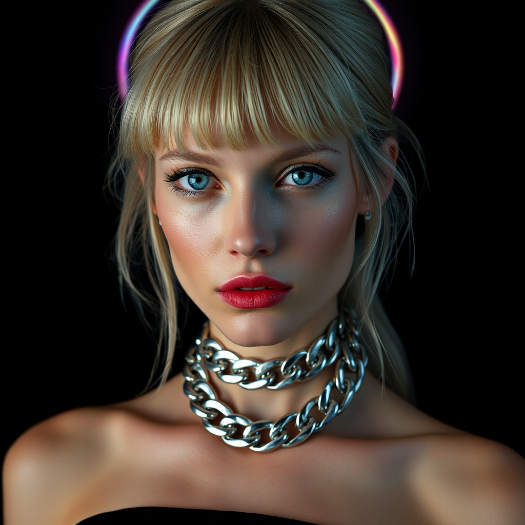 Beautiful Russian model with holographic halo in surreal biomechanics.