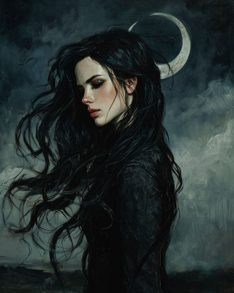 Ethereal Gothic Sorceress Black Moon Oil Painting