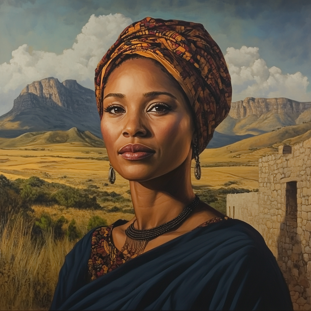 Beautiful South African woman smirking in stunning painting.