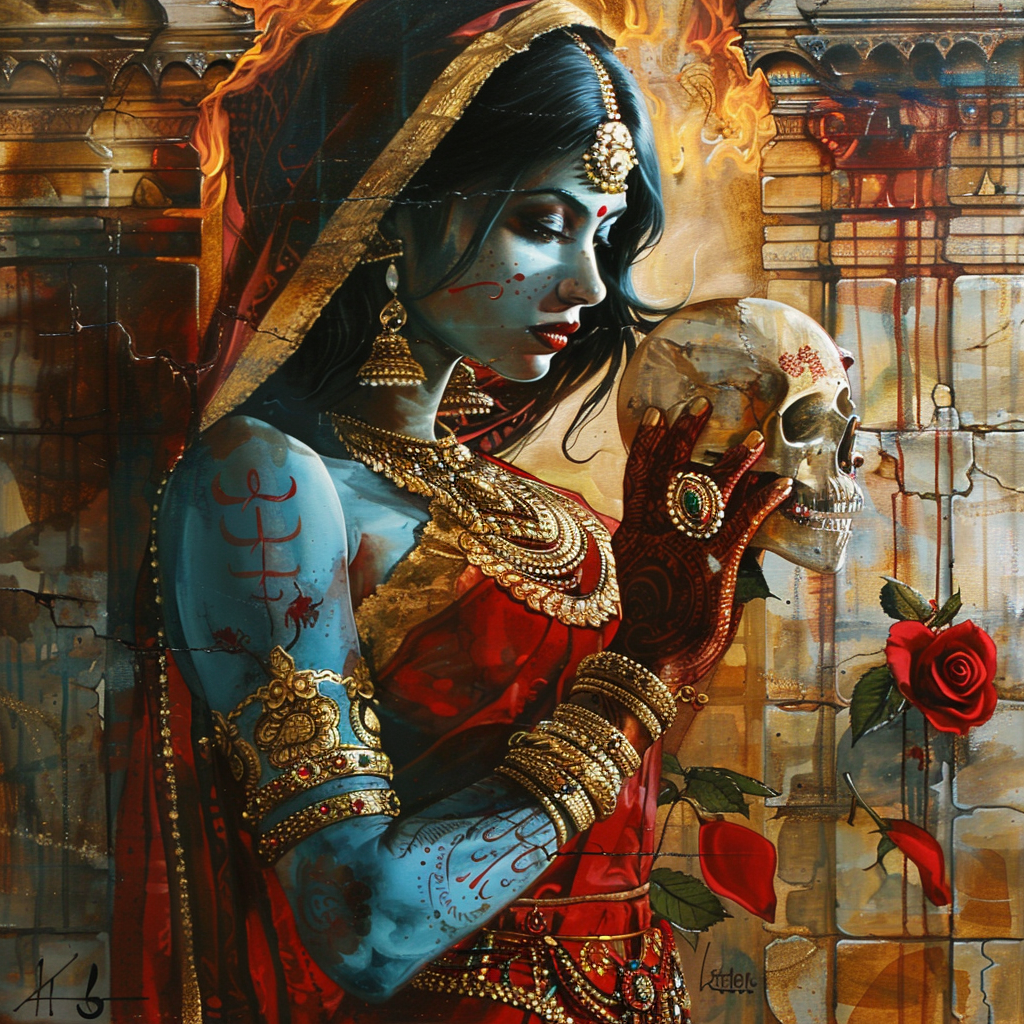 Beautiful Tamil Woman in Blue and Red Saree Painting