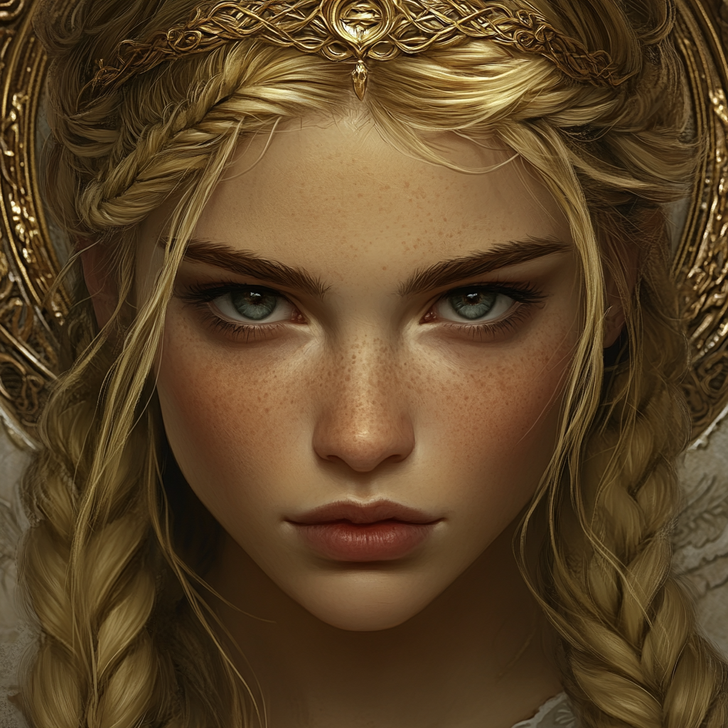 Beautiful Valkyrie with Braided Hair and Golden Hoop