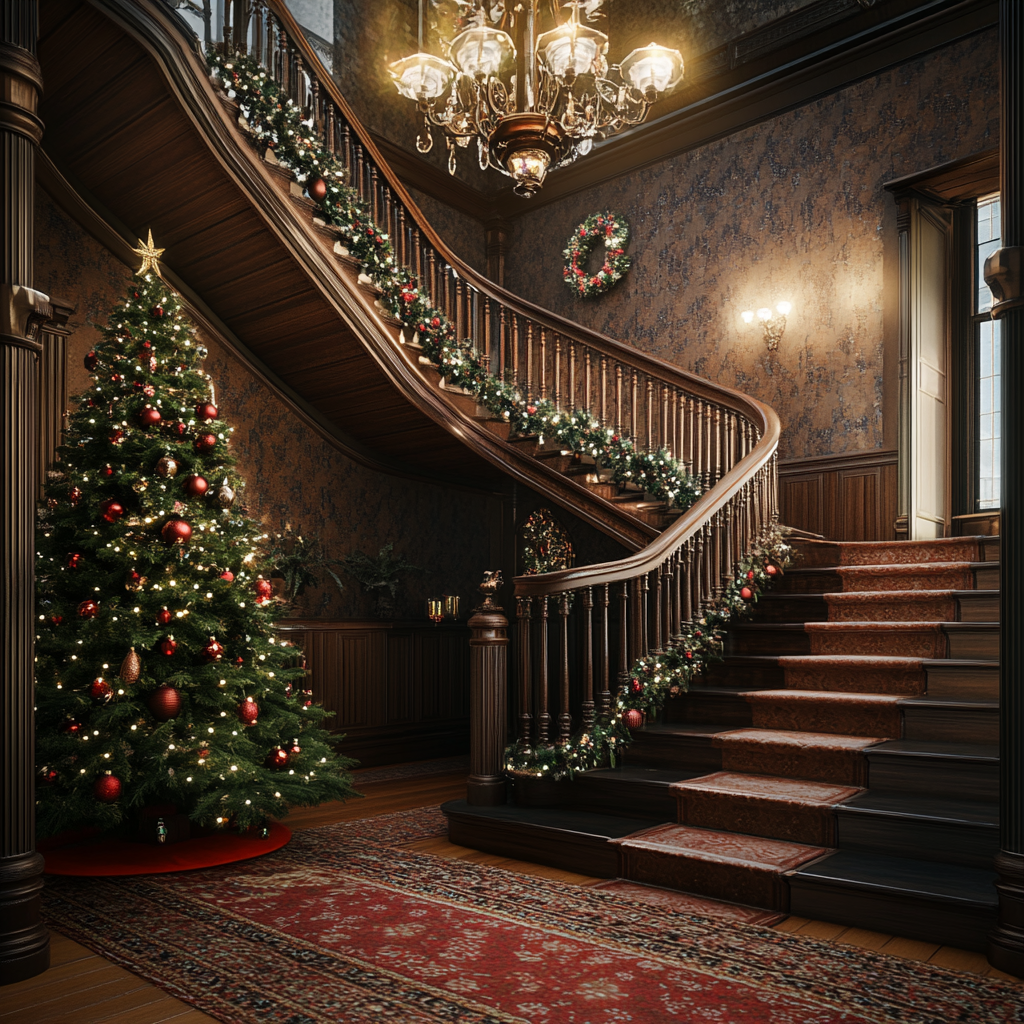 Beautiful Victorian staircase with Christmas decorations in 2024 home.