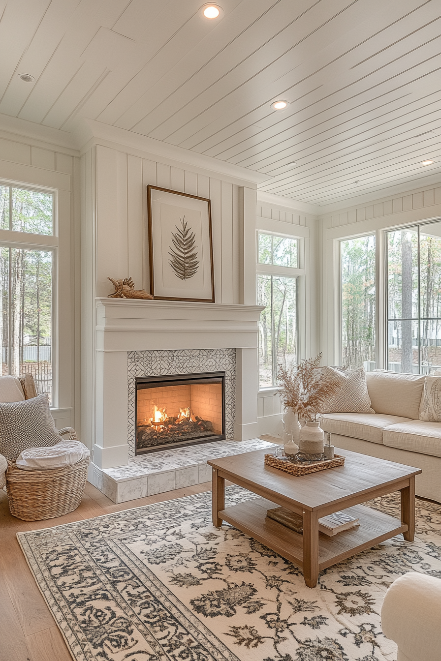 Beautiful White and Gray Tiled Farmhouse Fireplace