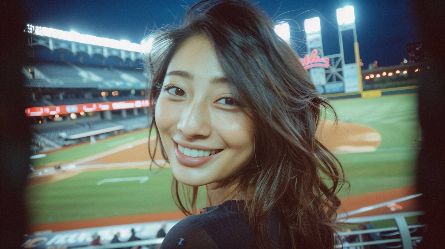 Beautiful Woman at Night Baseball Game in Cleveland, Karen Fukuhara Smiling