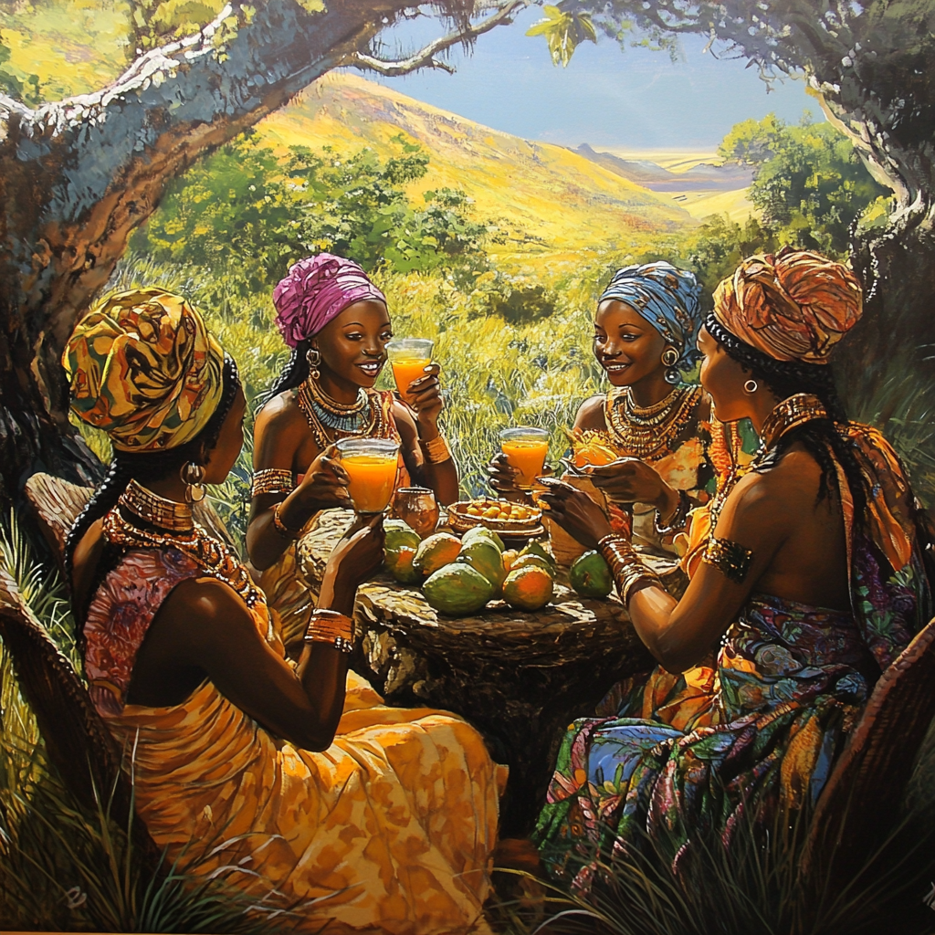 Beautiful ancient African women drinking soursop juice in South Africa.