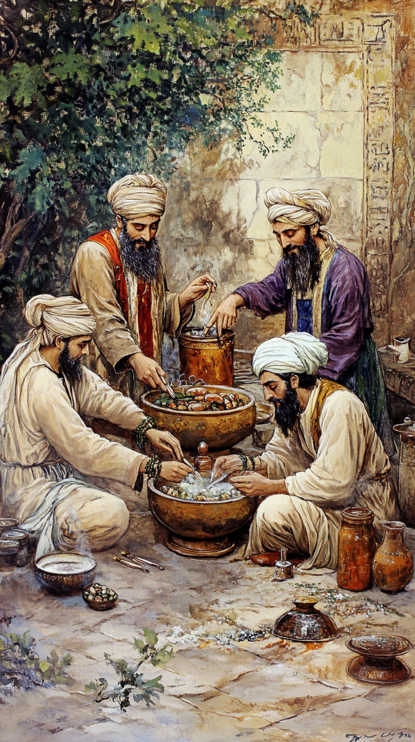 Beautiful ancient Persians making remedies in ancient painting style.