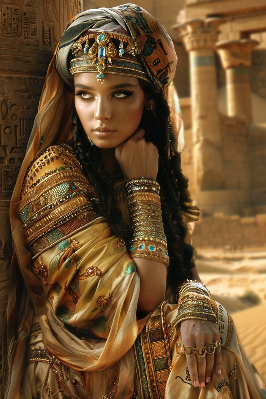 Beautiful ancient women in ornate jewelry, mimicking Egyptian culture.