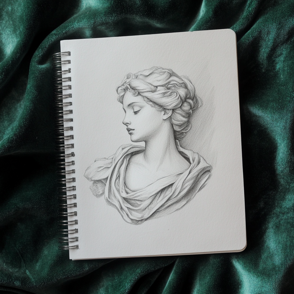 Beautiful art nouveau sketch of Venus on notebook.