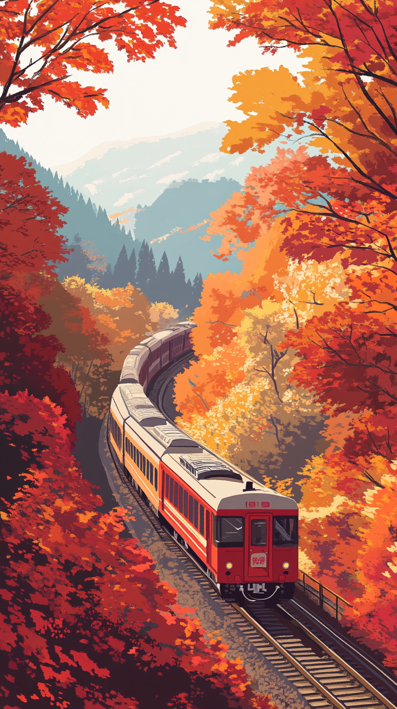 Beautiful autumn train journey through vibrant Japanese landscape.