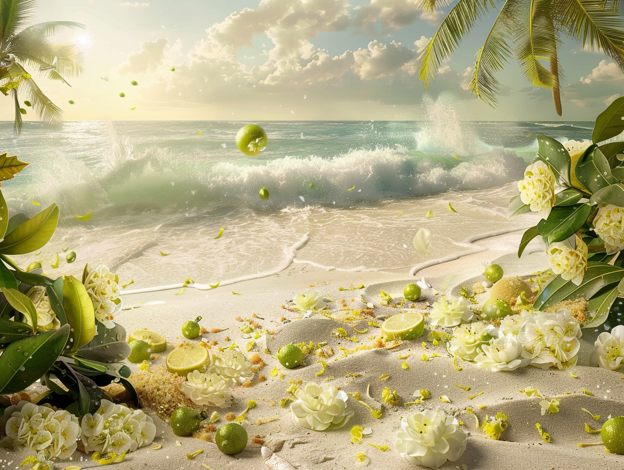 Beautiful beach landscape with fruits, flowers, and waves