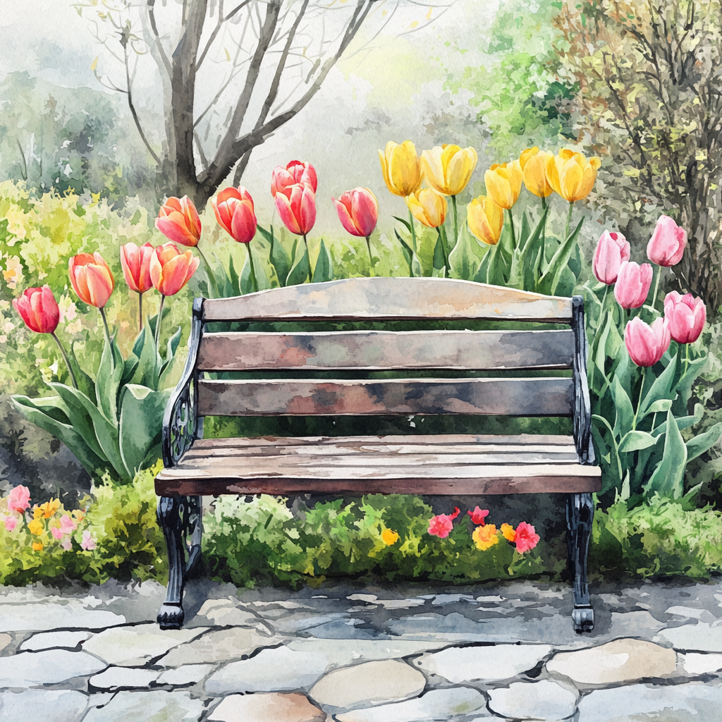 Beautiful bench in spring garden watercolor illustration