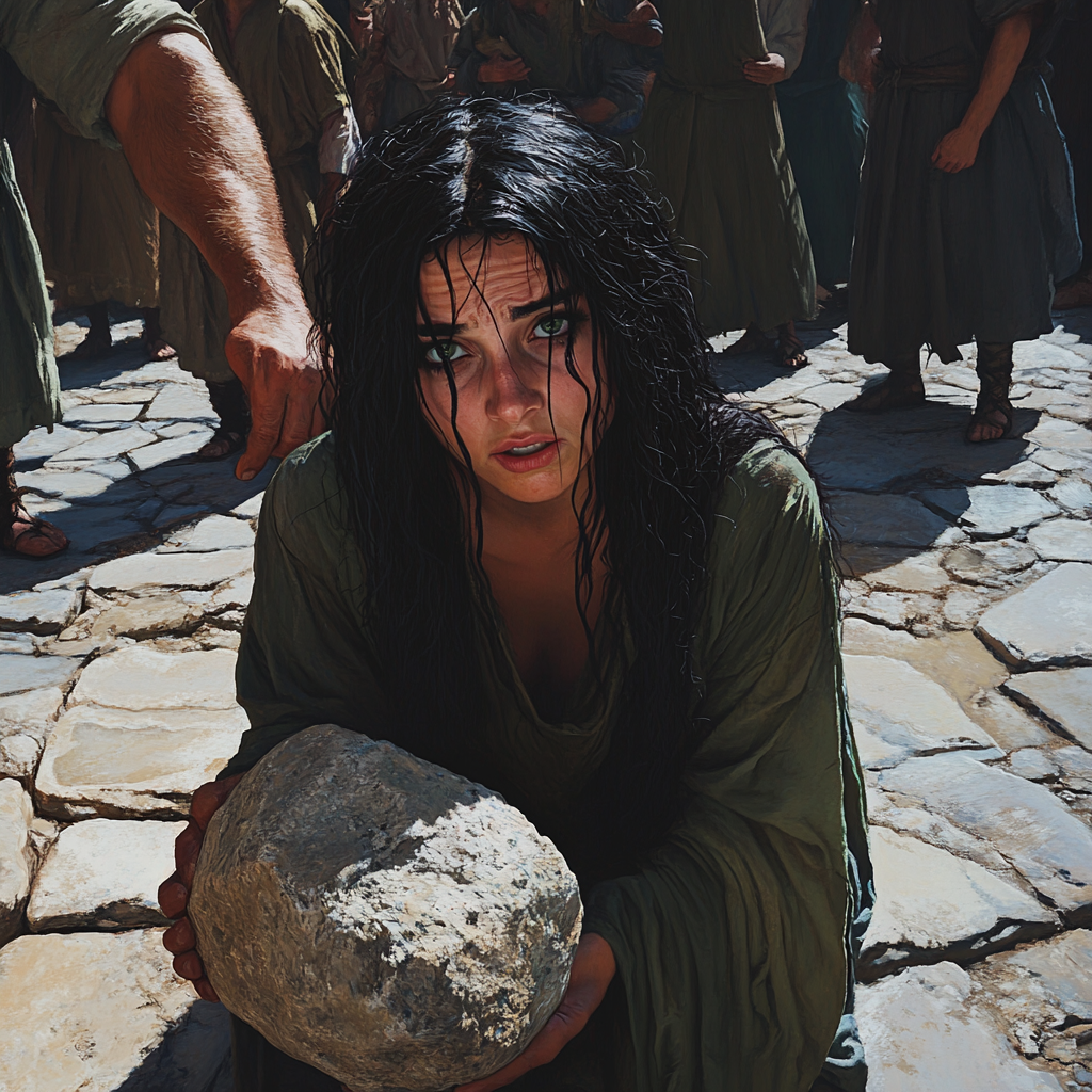 Beautiful biblical woman weeping in stone streets, afraid. Angry.