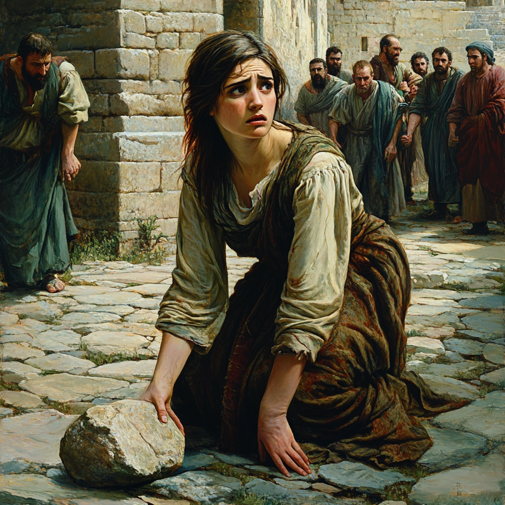 Beautiful biblical woman weeping on knees, afraid, surrounded.