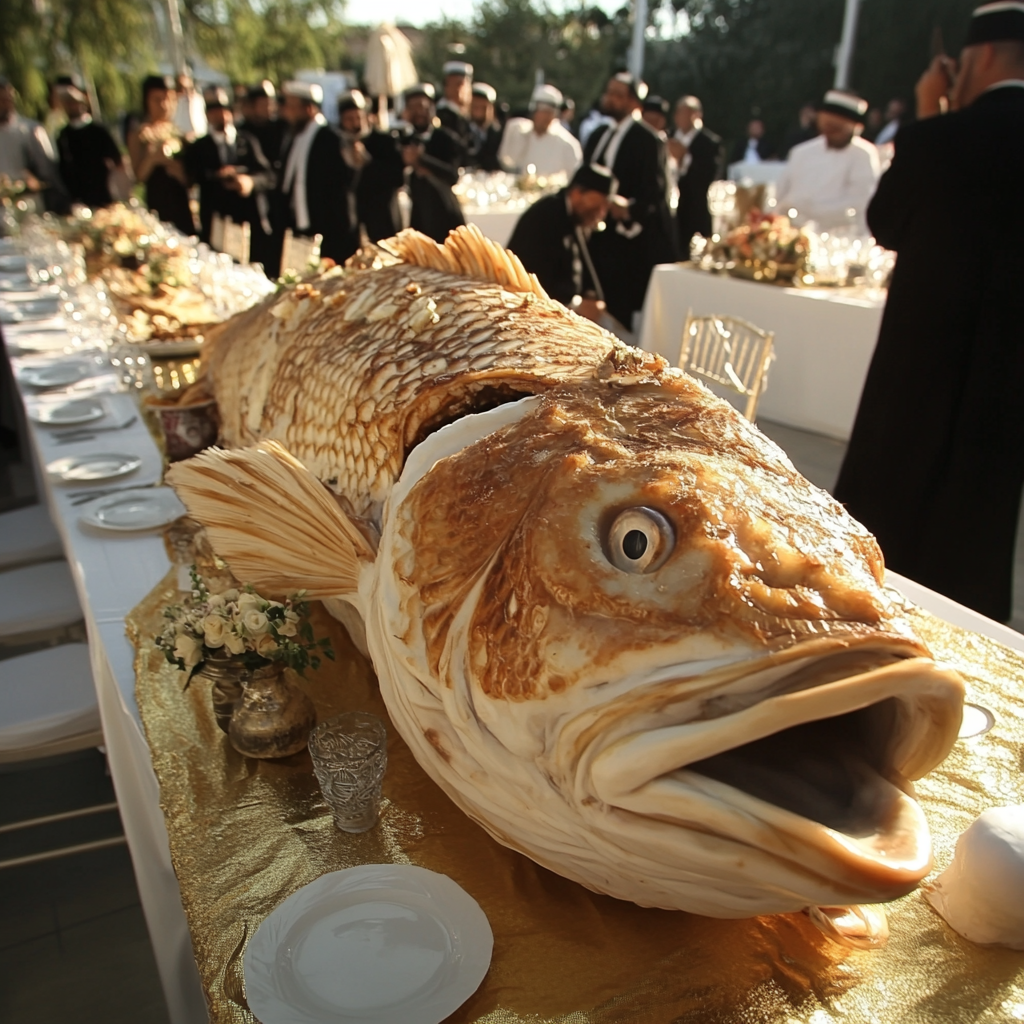 Beautiful big chunky fish in wedding hall scene.