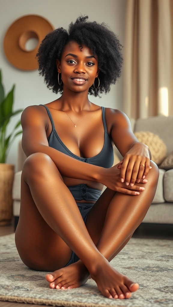 Beautiful biracial Black woman sitting with crossed legs.