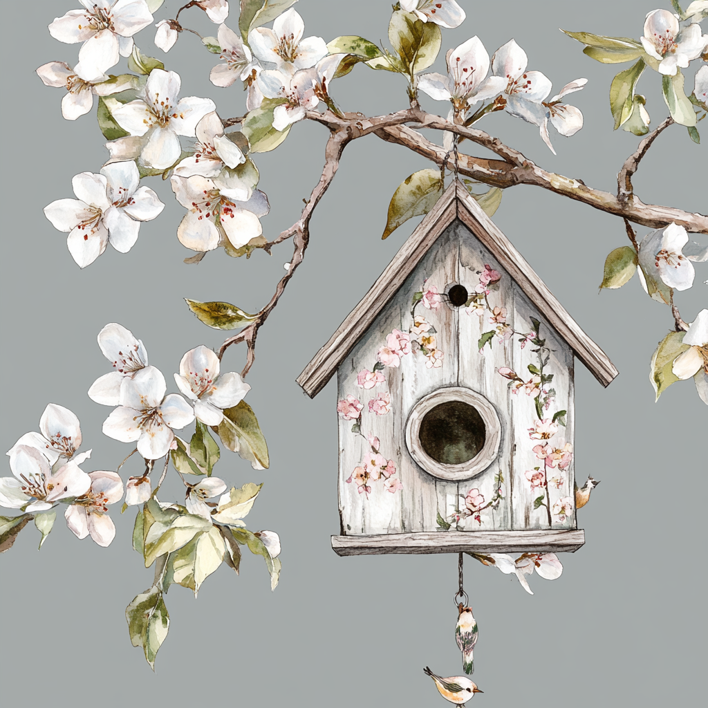 Beautiful birdhouse on blooming tree with colorful bird