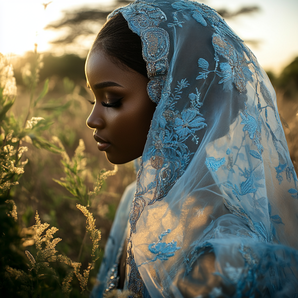 Beautiful black bride in Botswana wearing blue printed fabric.