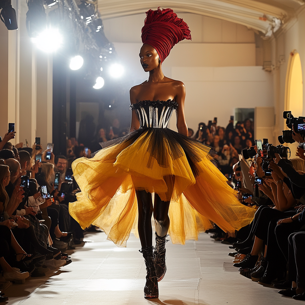 Beautiful black woman in black and white dress on runway.