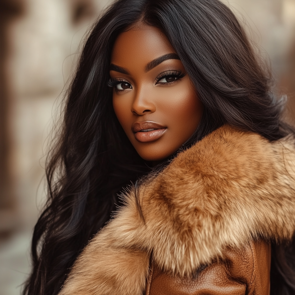 Beautiful black woman in fur coat with brown skin.