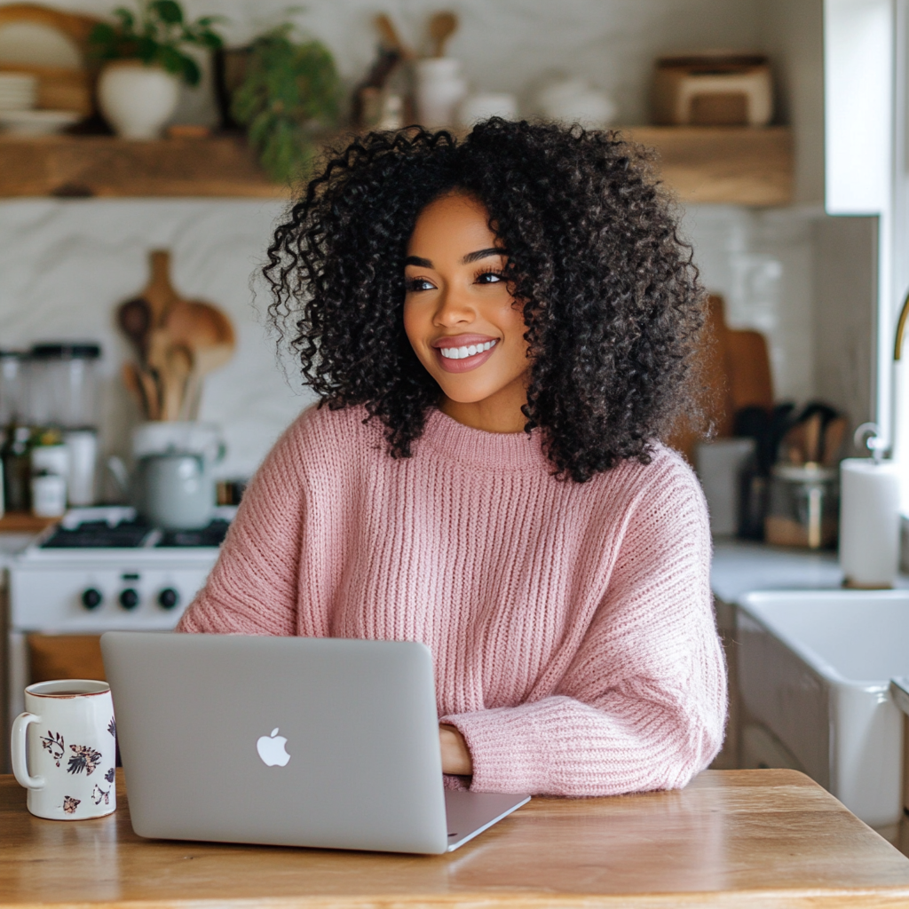 Beautiful black woman in pink sweater with computer.