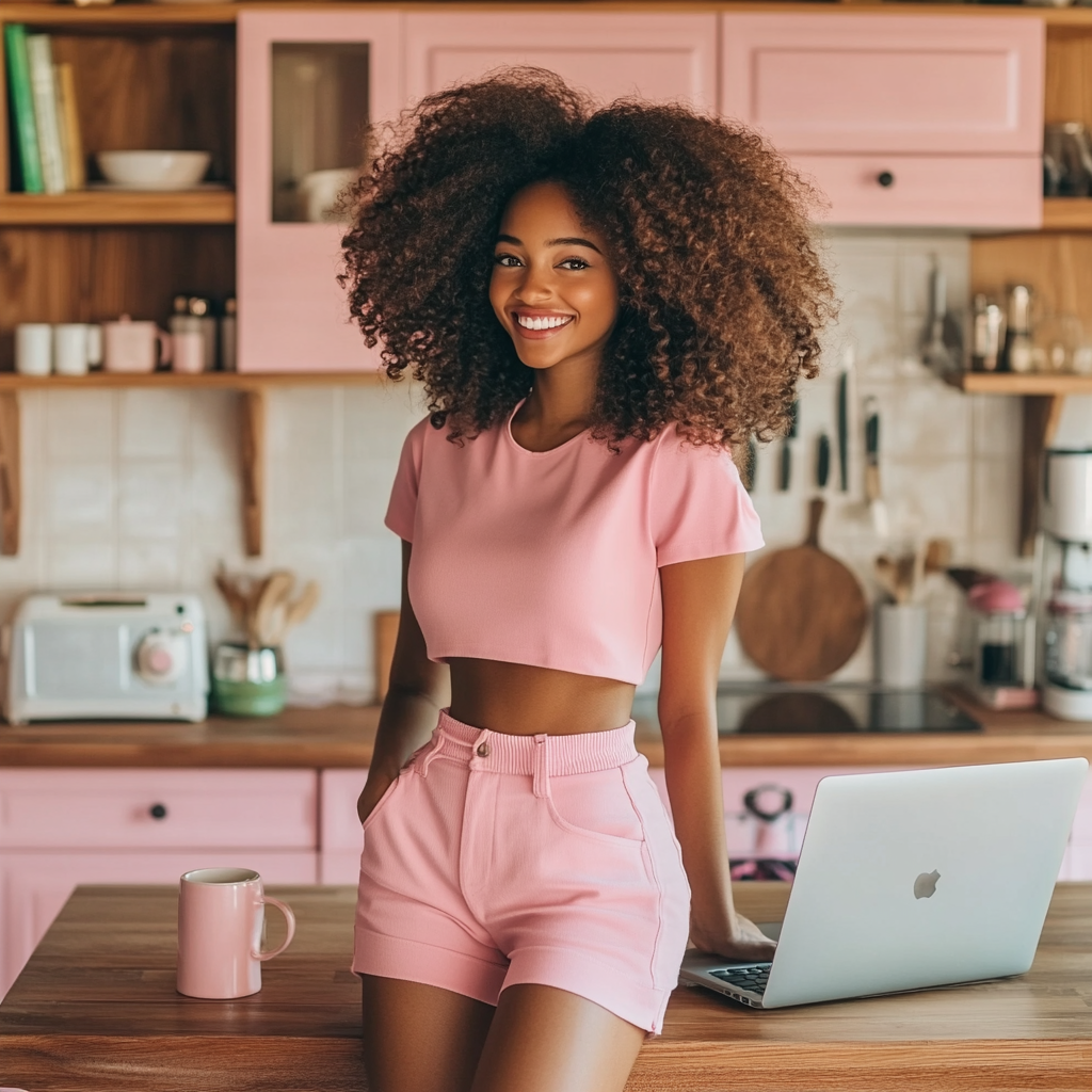 Beautiful black woman standing with laptop in kitchen.