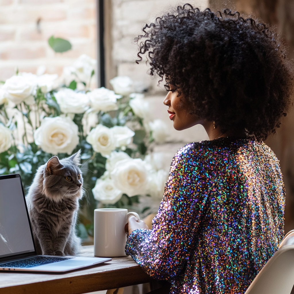 Beautiful black woman with laptop in cozy home office