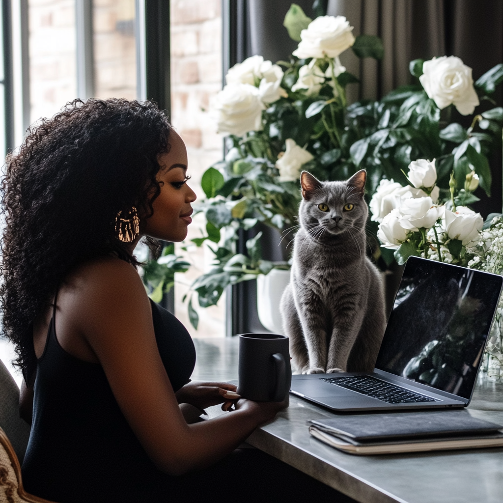 Beautiful black woman working at cozy home office