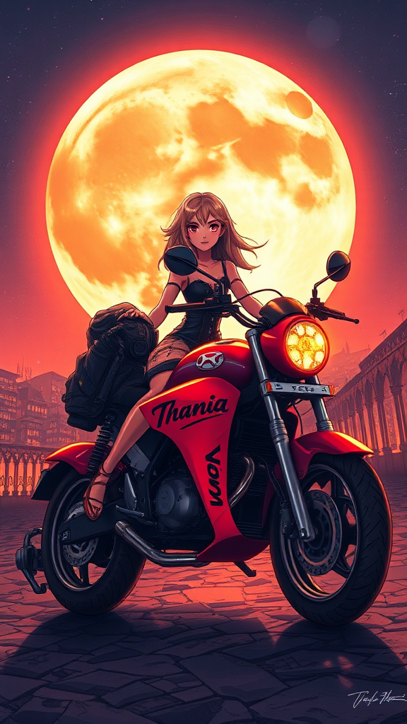 Beautiful blonde biker girl with big moon background